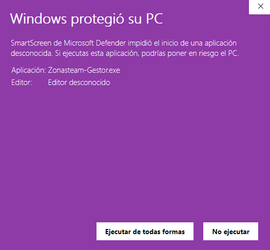 Ventana de SmartScreen después de Más información: Aplicación Zonasteam-Gestor.exe, Editor desconocido y el botón Ejecutar de todas formas