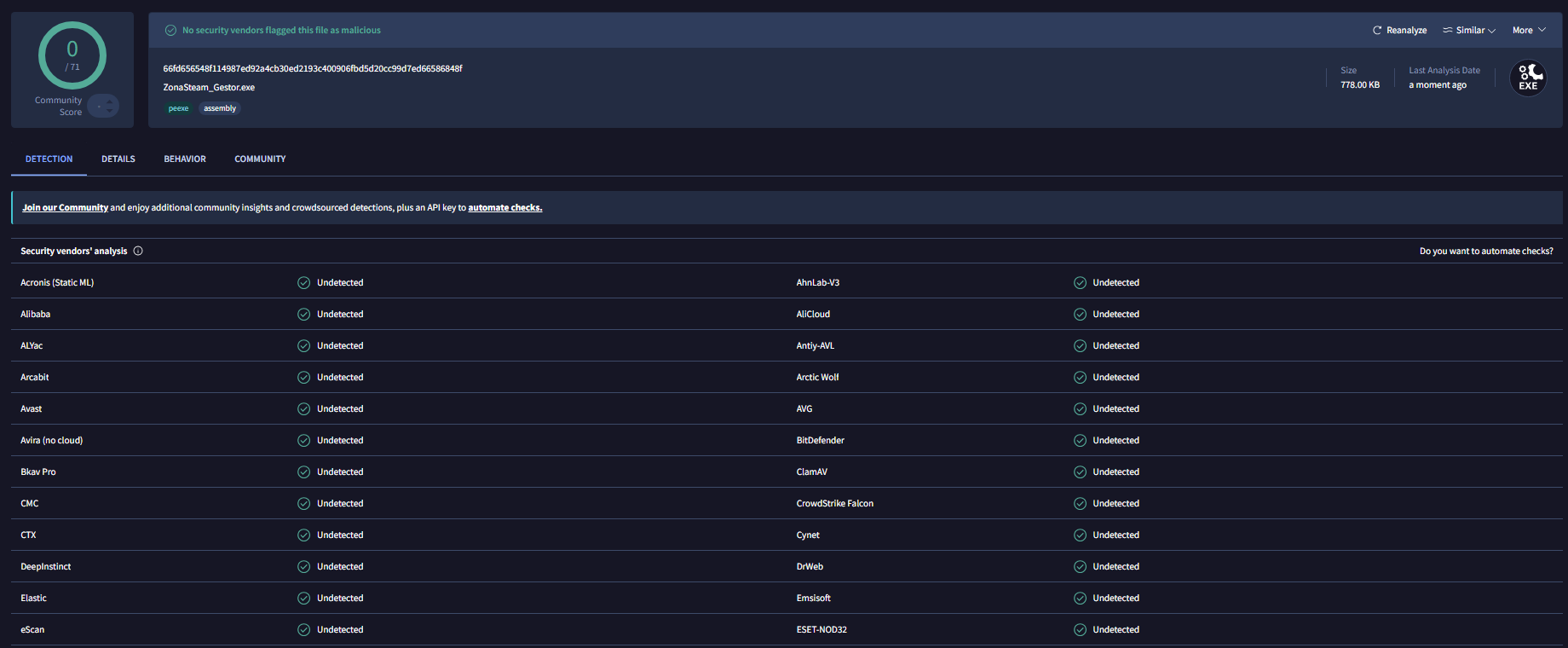 Informe de VirusTotal del gestor de ZonaSteam: 0 detecciones